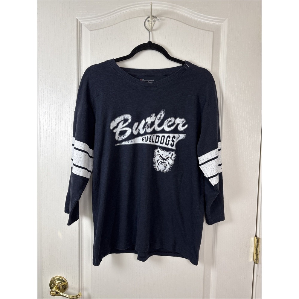 Champion Butler Bulldogs Football Shirt Size M Navy Striped Sleeve Script Logo